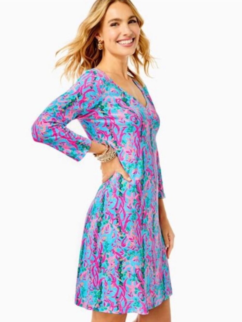 Lilly Pulitzer Aqua Pink Tropical Floral Cotton Dress Women’s M 3/4 Sleeve